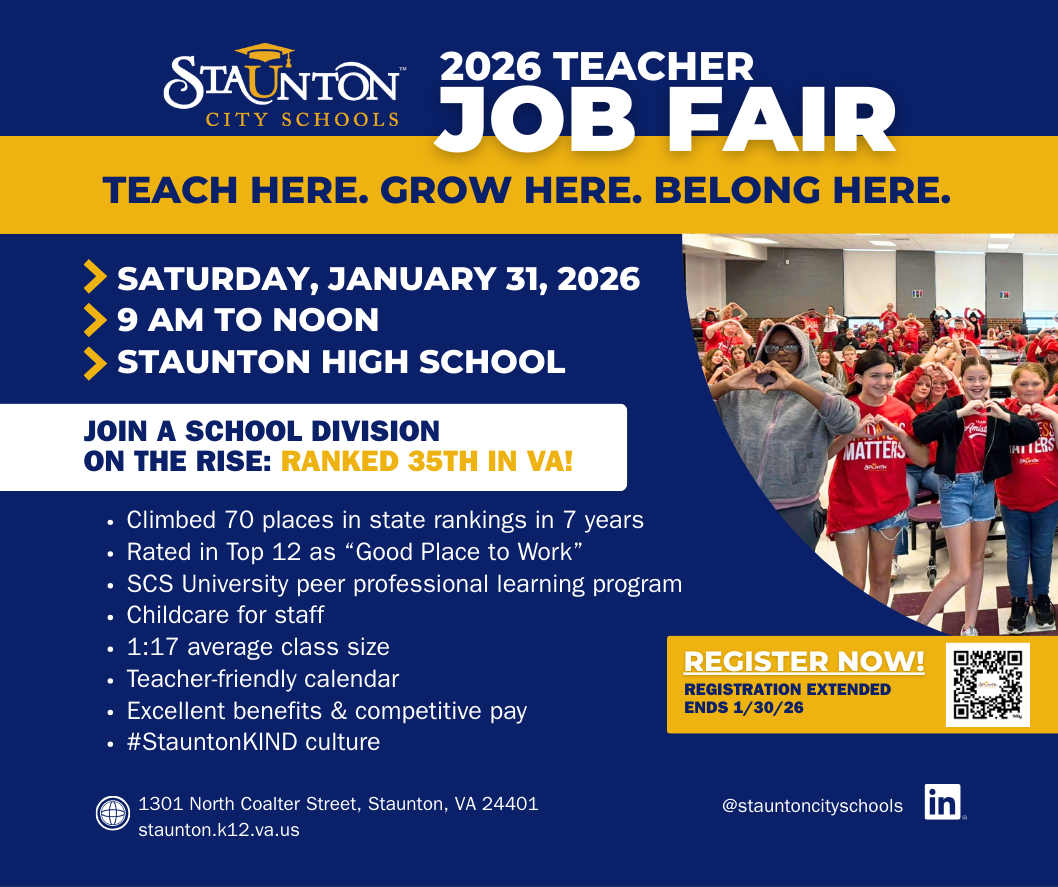 Teacher job fair, Jan. 31, 9 AM to noon at Staunton High School